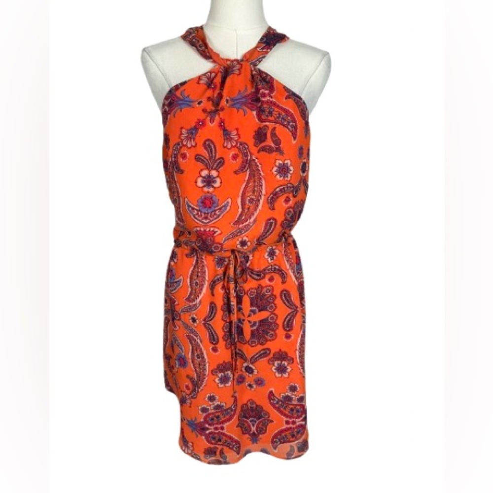 Rory Beca Orange Paisley Halter Tie-Waist Mini Dress